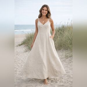 LOFT Linen Blend Maxi Dress Neutral Minimalist Summer Casual Coastal Sz 14